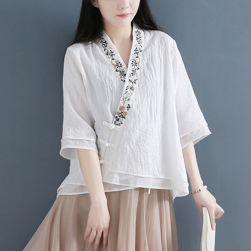 Picture of Cotton and Linen Half Sleeve Shirt Women's 2024 Summer New V-Neck Embroidered Artistic Complex Elegant Middle Sleeve Cardigan Shirt