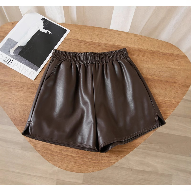 elastic waist leather shorts women's high waist autumn and winter new PU loose all-match western style wide leg outer wear thin boots pants