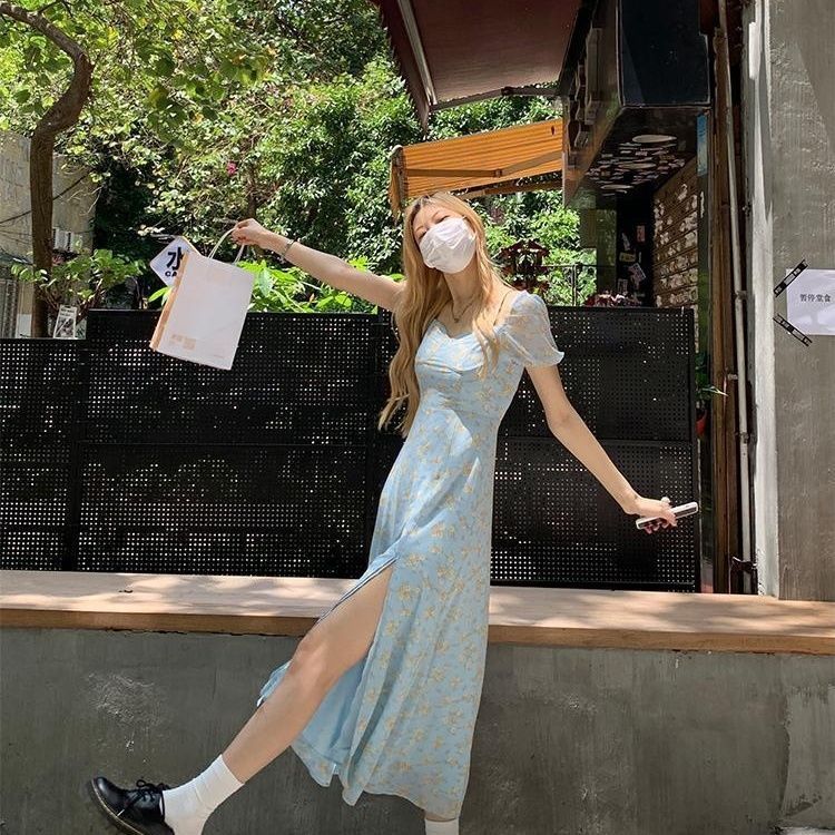 Tea Break French Blue Puff Sleeve Floral Dress Women's Summer New High-End First Love Sweet Slit Long Skirt