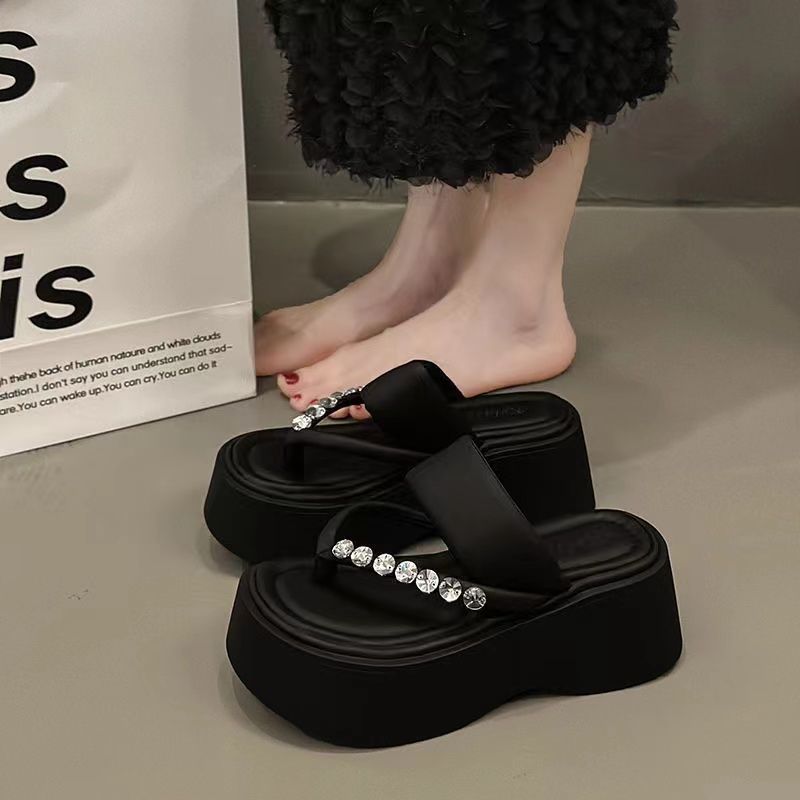 2024 New Summer Outwear Korean Style Ins Sandals Explosions Small Height Rhinestone Herringstyle Platform Slippers