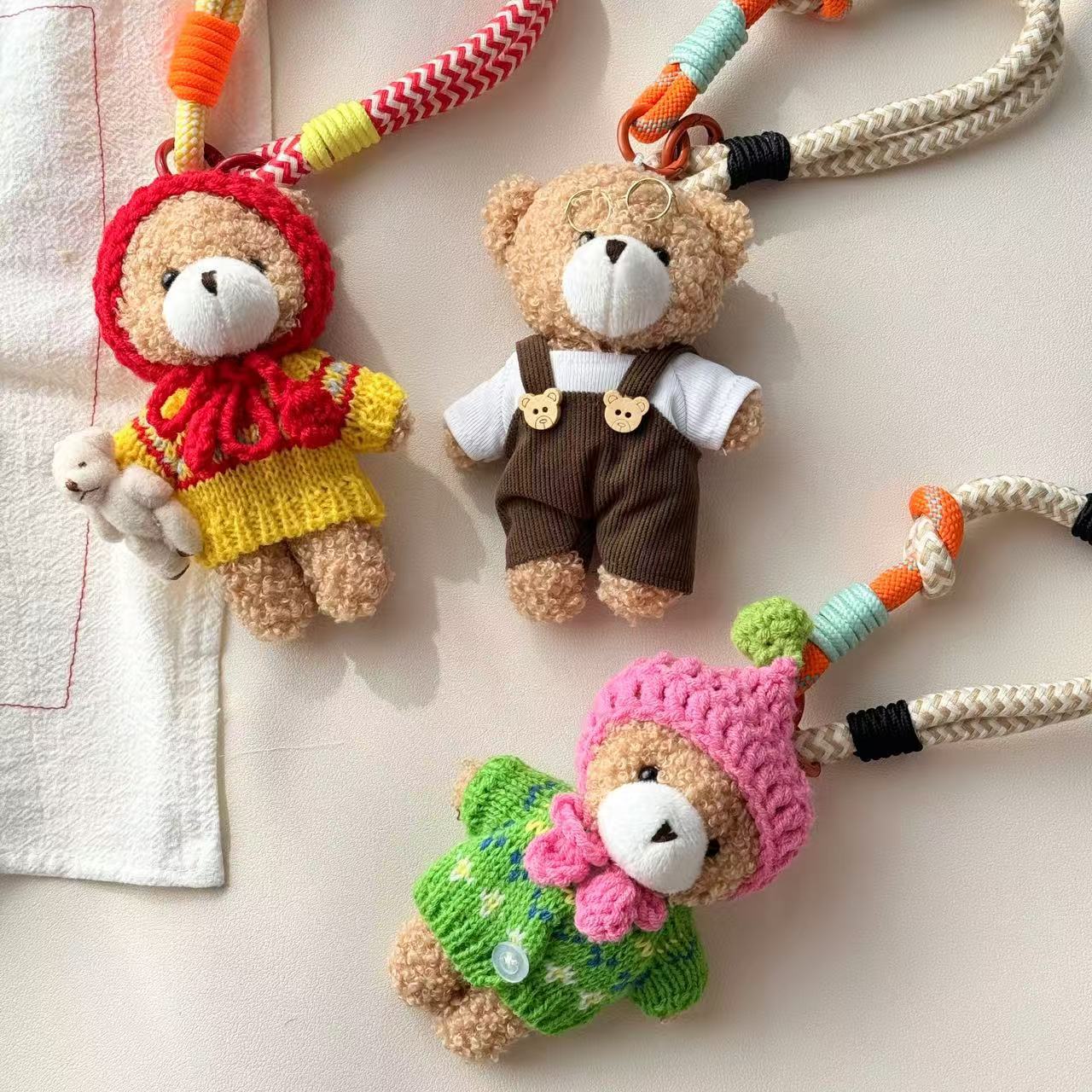 Picture of Cute Cartoon Bear Hanging Pendant Handmade Plush Keychain Doll Korean Style Strap Pants Original Bag Buckle New