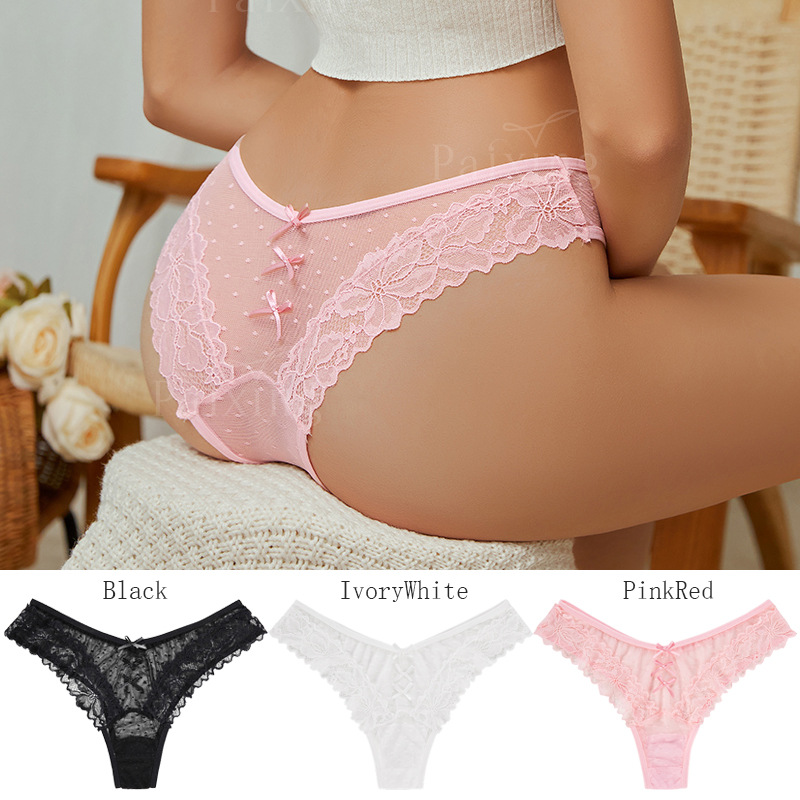 Personalized bow European and American plus size sexy see-through underwear sexy lace spot low waist cotton crotch women's underwear
