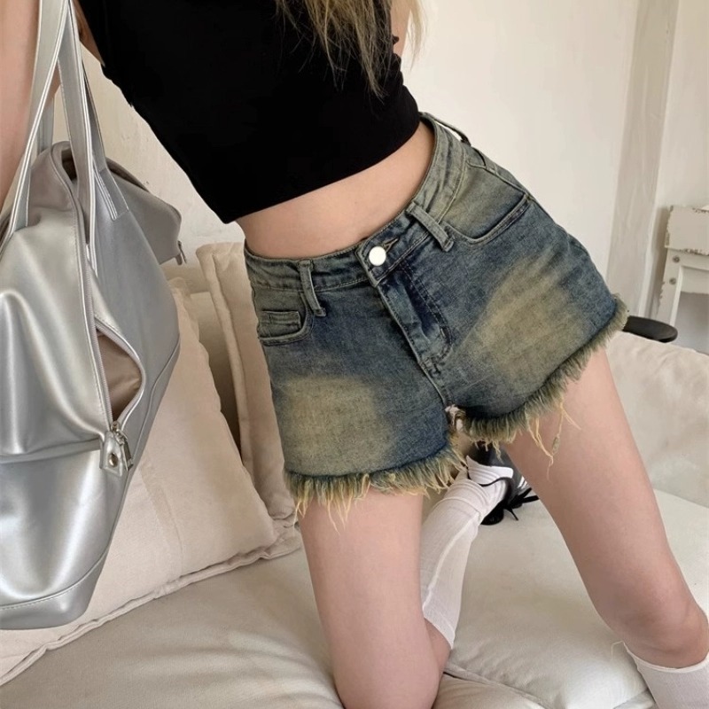 Rapped Retro Jeans Women's Pumpty Ins Hot Pants A- line Shorts American Style Hot Girl High Waist Straight Wide-leg Shorts