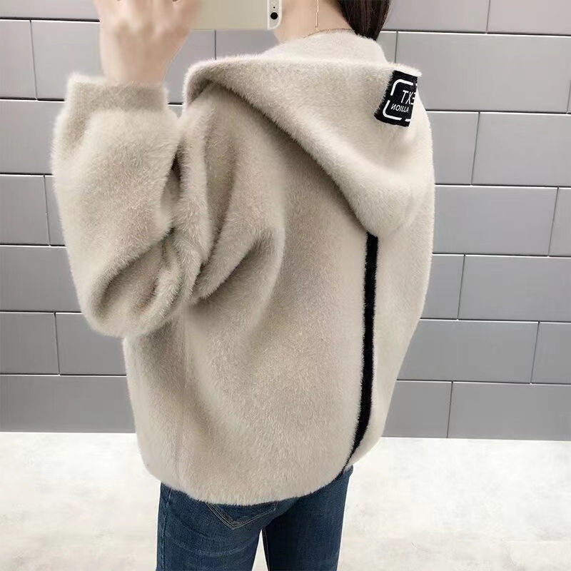 Picture of 2025 New Hooded Mink Velvet Women's Short Outwear Cardigan Autumn and Winter Korean Style Loose and Versatile Sweater Jacket