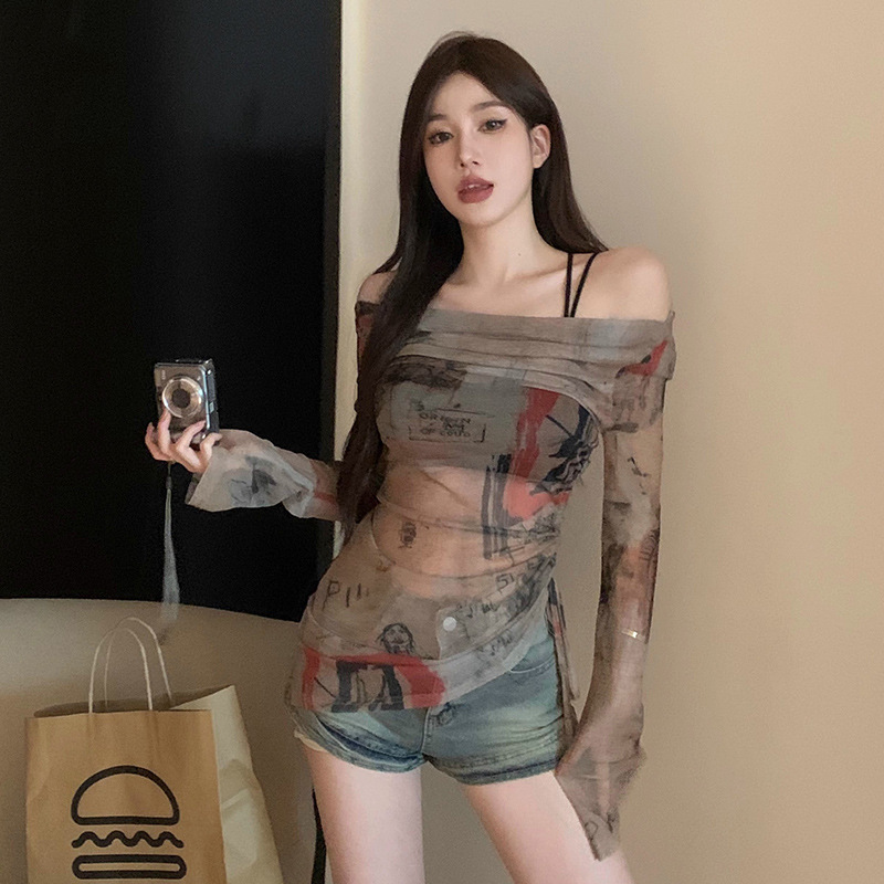 Official figure real-price sunscreen blouse American hot girl off-shoulder T-shirt women's summer and autumn mesh thin long-sleeved drawstring top