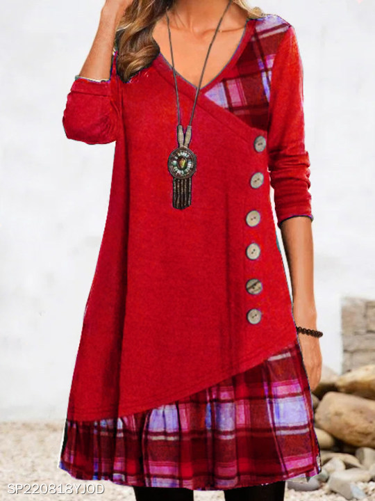 Picture of Amazon AliExpress Independent Station 2022 Autumn New V-Neck Stitching Decorative Buckle Long Sleeve Plaid Printed dress