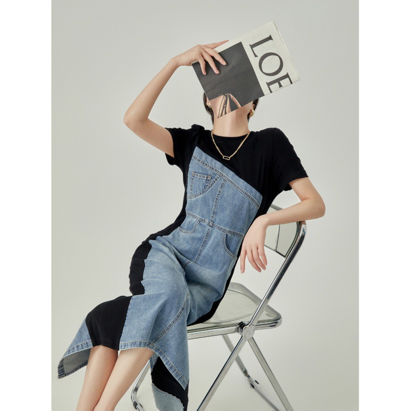 European Station Denim Stitching dress 2024 New Female Niche Design Sense French Long Skirt High Sense
