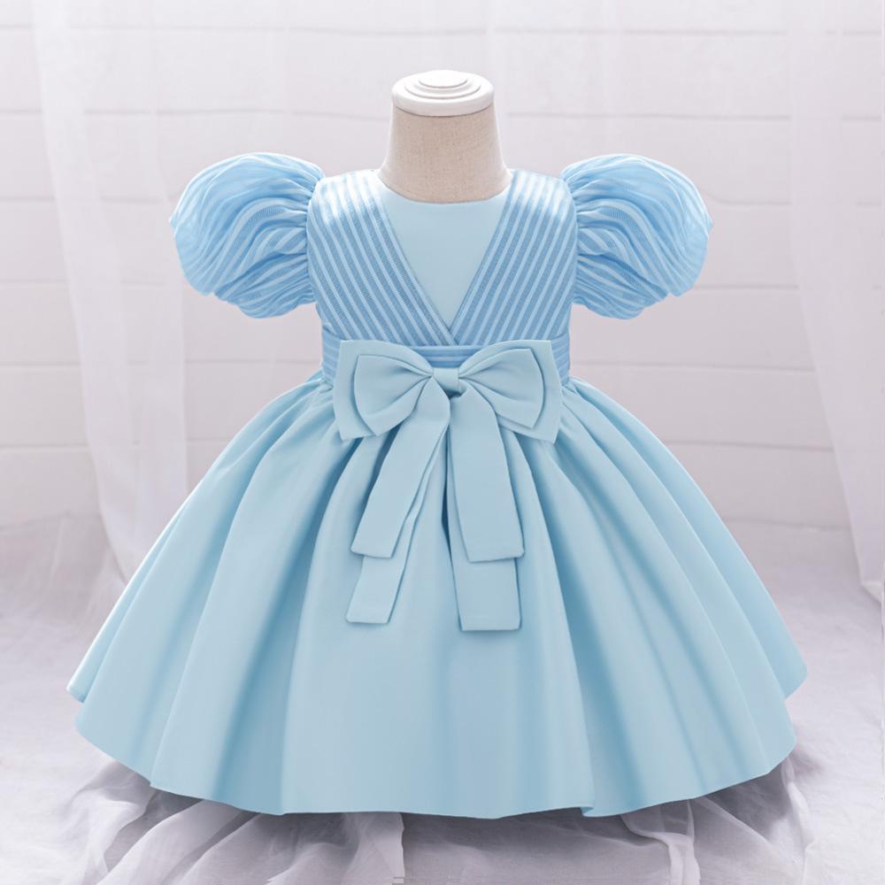 girls gown one-year-old dress children's princess dress puffy skirt dress satin bow bubble sleeve dress