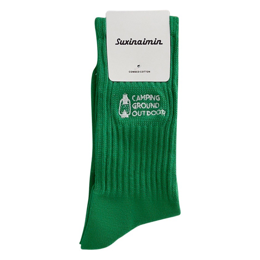 Zhuji Socks Ins Vintage Tooling Camping Oil Lamp Embroidered Mid-Socks Trendy Personalized Letter Cotton Pile Socks