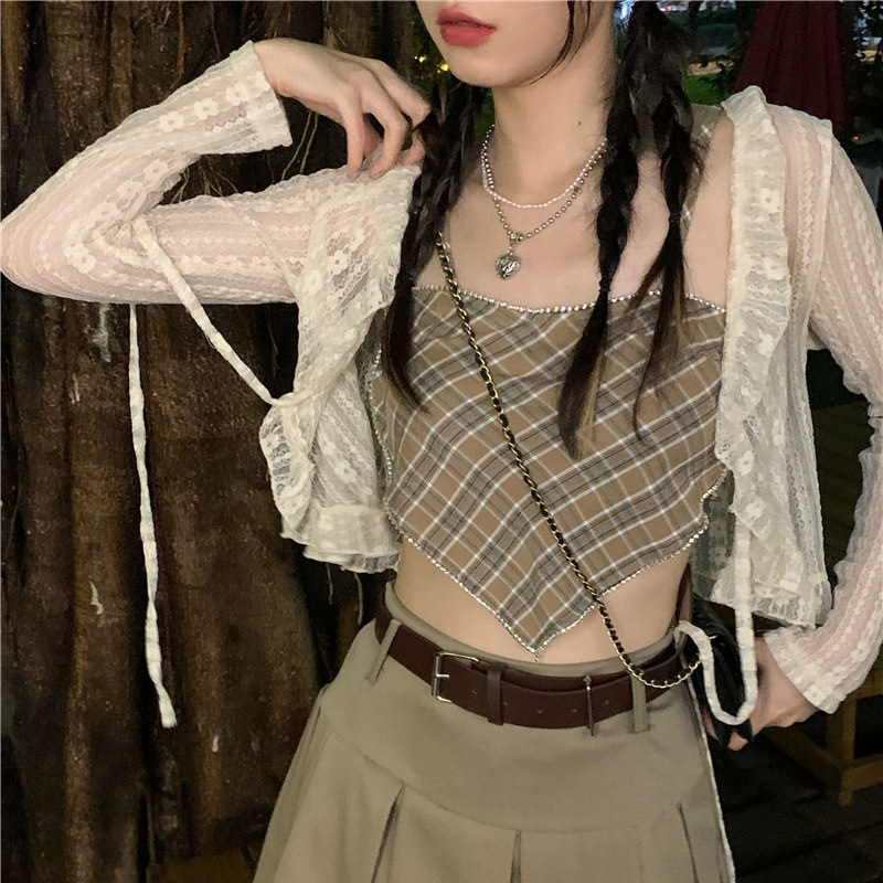 Summer Thin Lace Blouse Jacket with Suspender Skirt, Sun Protection Top with Cardigan, Small Shawl, Women's Long Sleeves and Short Style