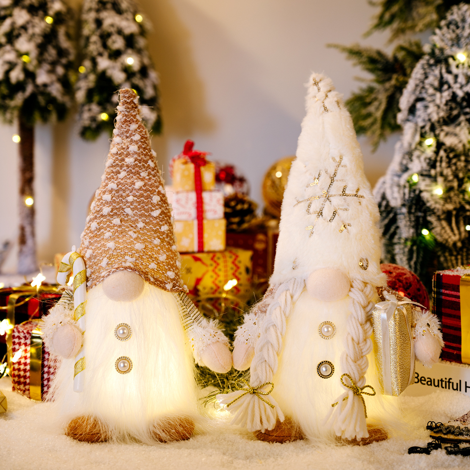 New Christmas Decorations, Long Bearded Plush Hat with Light, Gift Crutches, Rudolph Doll Window Decorations