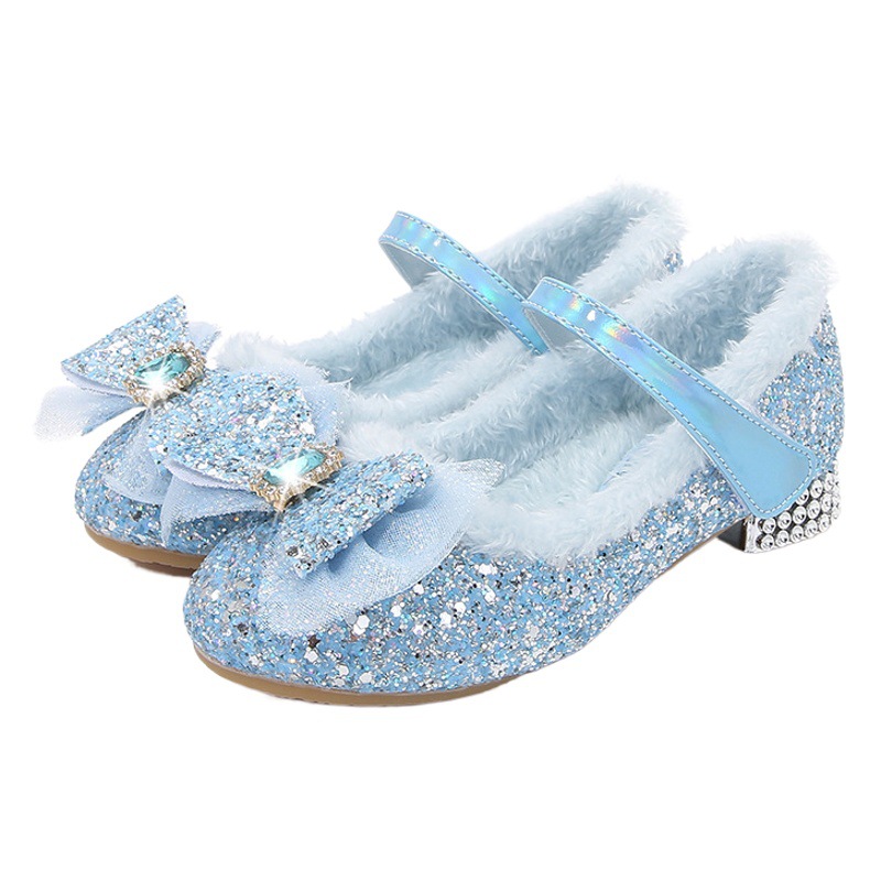 Girls High Heels Women's Treasure Crystal Shoes Winter New Children Velvet Shoes Fashion Bow Princess Elsa Shoes