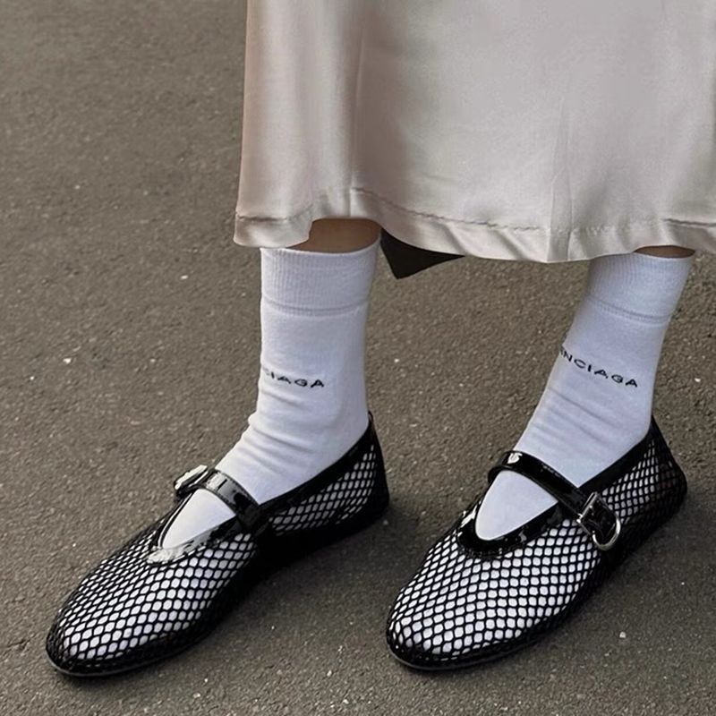 Picture of Cowhide Version Round Toe Niche Fish Mesh Cut Out Ballet Shoes for Women New Fashion Simple Flats Bottom Belt Buckle Shoes