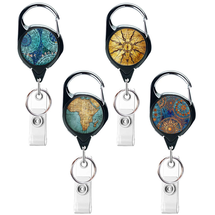 Amazon spot zinc alloy Mandala vintage compass map retractable easy pull-up easy pull-up keychain documents