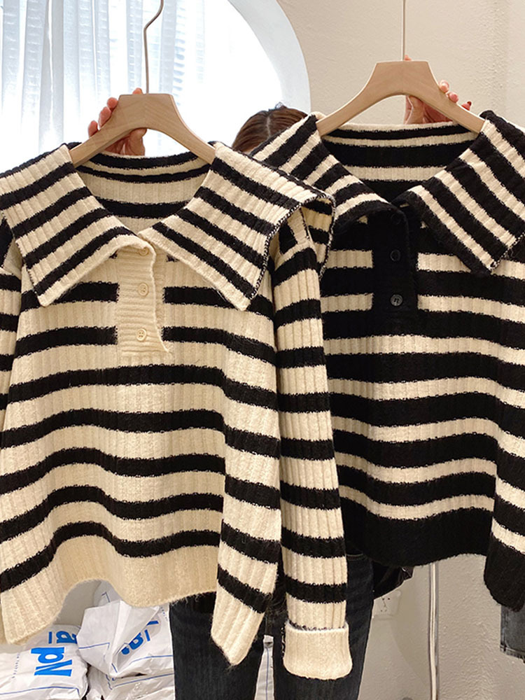 Top women's new sweater 2024 popular navy collar thickened lazy design sense niche autumn and winter striped sweater