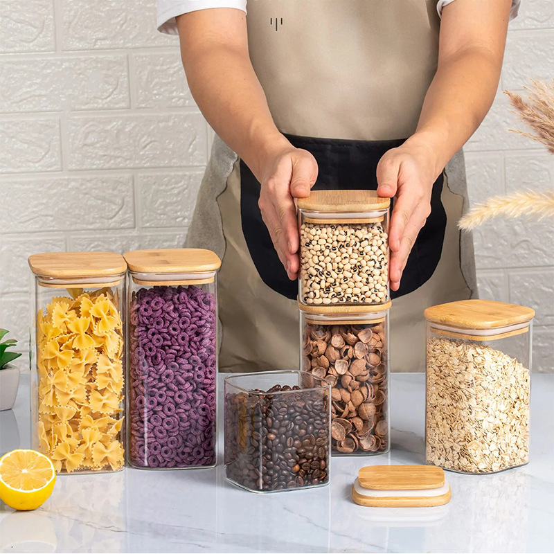Cross-Border Large-Capacity Square Glass Sealed Jar with Bamboo Lid Kitchen Storage Jar High Borosilicate Storage Jar Wholesale