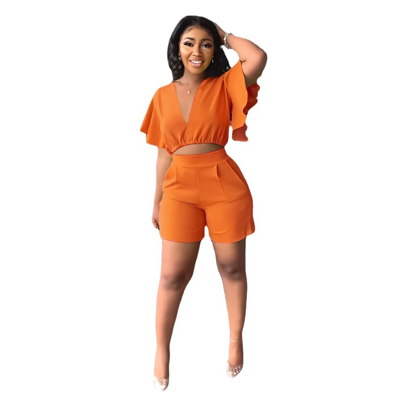 European and American Clothing Amazon Aliexpress Hot Sale Ruffled Short V Neck Top Casual Shorts Multi-Color Two-Piece Set