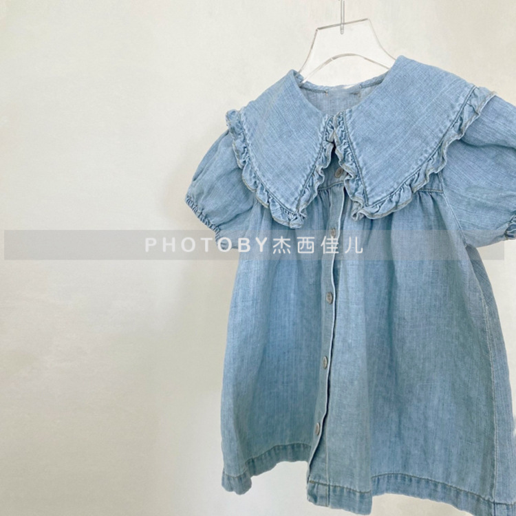Picture of Girls Ins Korean Style Spring and Summer New dress Children's Lace Large Lapel Puff Sleeve Denim Princess Doll Dress