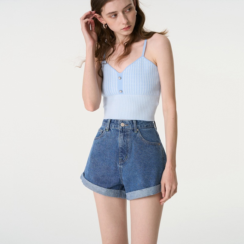 Curled Denim Shorts Women's Summer Thin 2022 New High Waist Loose Wide Leg a-Shaped Slim Ultra-Short Hot Pants
