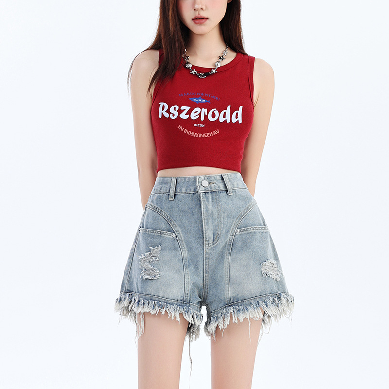 American Style Retro High Waist Fashionable Tassel Fringe Denim Shorts Summer New Spice Girls Slimming A- line Wide Leg Hot Pants