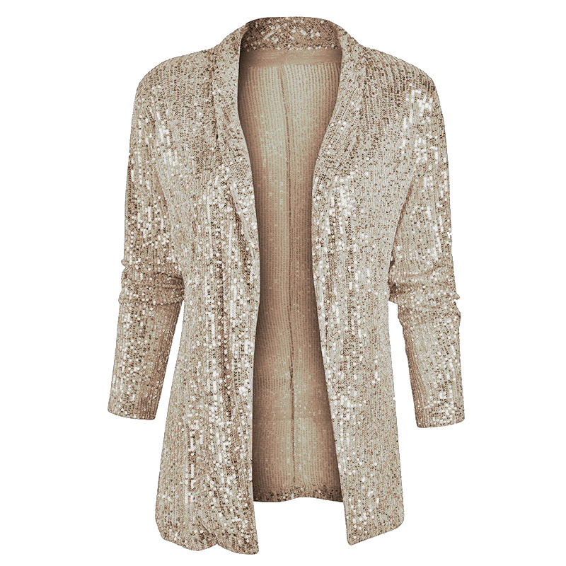 Picture of 2025 Spring New European and American Amazon Sequined Long-Sleeved Elegant Mid-Length Small Suit Lapel Pure Color Jacket for Women