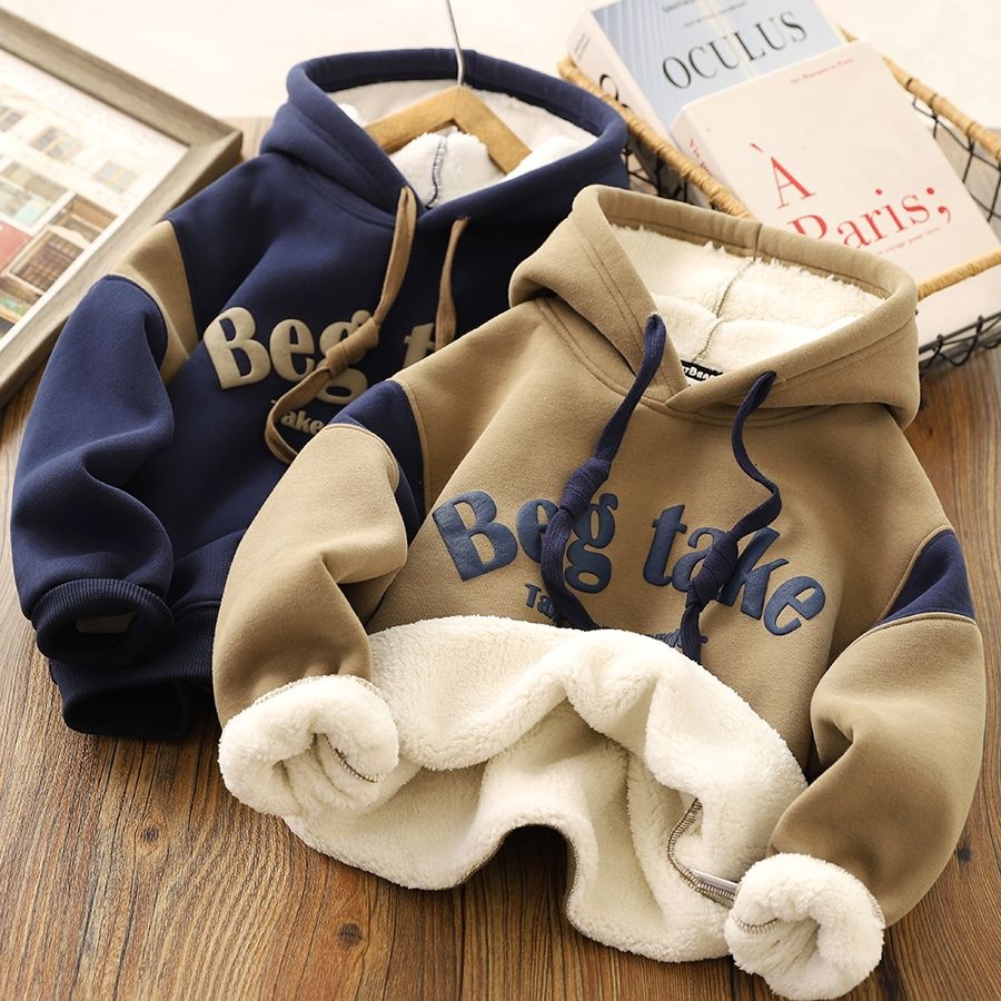 Picture of Boys' fleece-lined sweater autumn and winter children's hooded pullover sports top 2024 Winter thickened bottoming shirt fashion