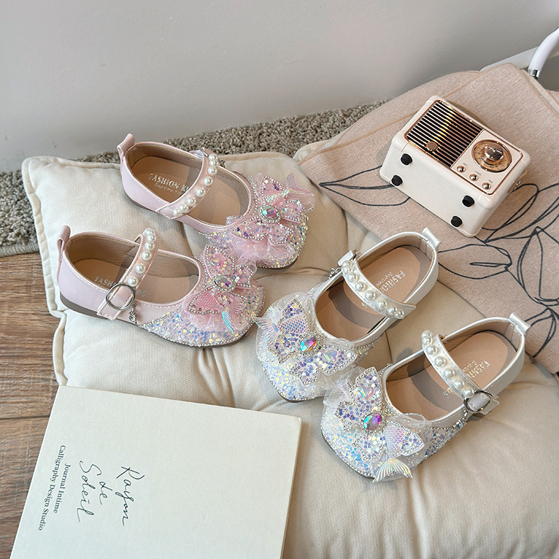 Children's Small Leather Shoes Girls' Shoes 2025 Spring New Girls Soft Sole Rhinestone Flats Princess Kidsren's Performance Shoes