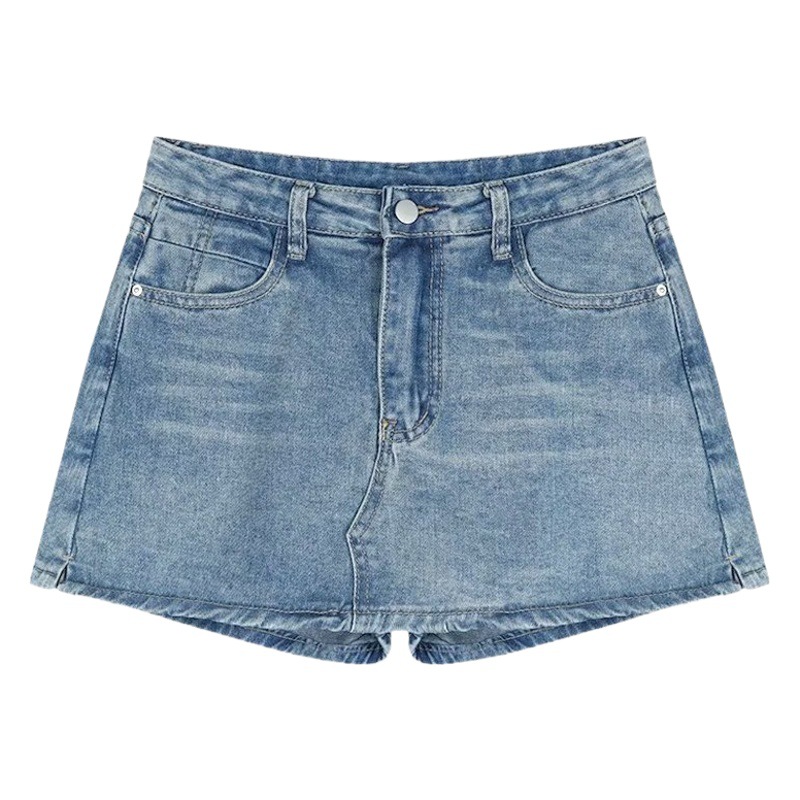 Petite Spicy Girl Denim Skirt Shorts for Women, Summer High-Waisted Slimming Slit A-Line Anti-Exposure Short Skirt with Slight Stretch