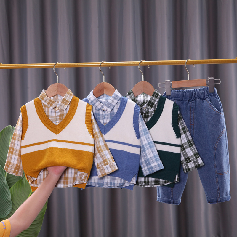Korean-style Boys Spring and Autumn Suit Japanese-Korean Style Handsome Fashion Color-matching Sweater Vest Plaid Shirt Three-piece Set