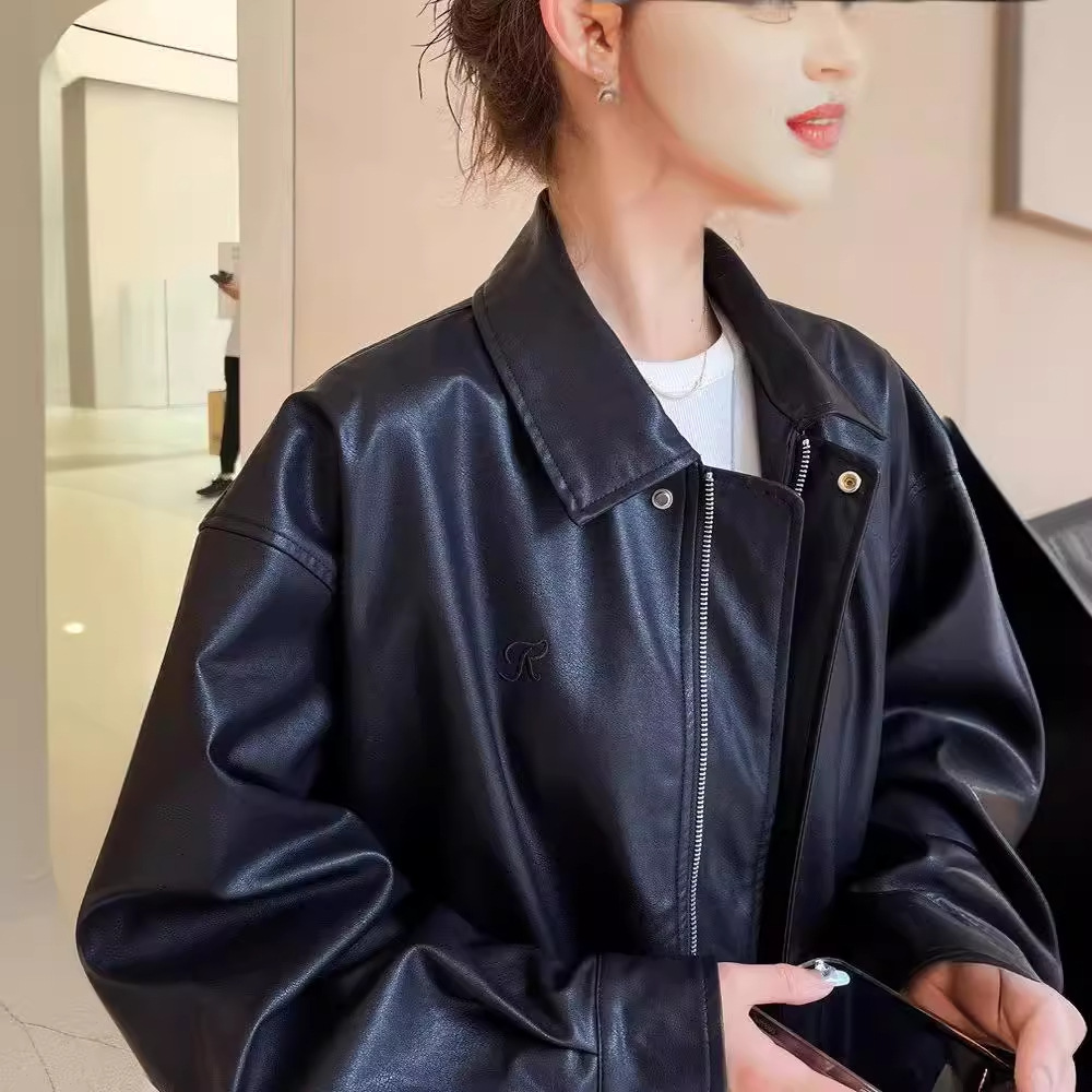 Picture of American Retro Brown Pu Leather Jacket for Women Spring & Fall 2023 New Oversize Niche Motorcycle Jacket Top
