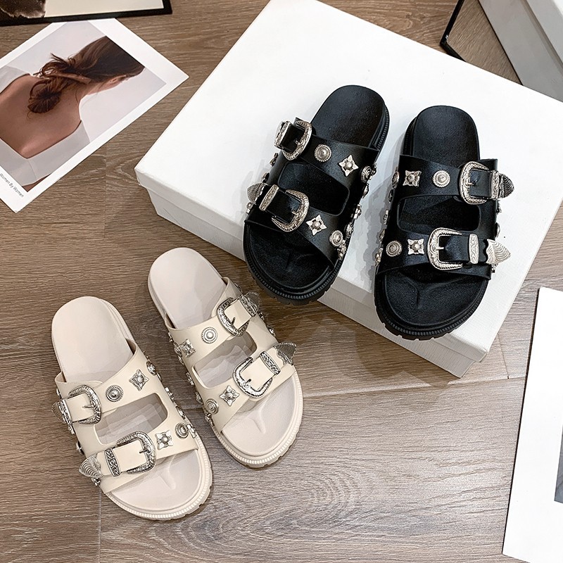 Foreign Trade Large Size 2024 Summer New Fashion Rivet Thick-Soled Belt Buckle Casual Outer Wear One-Line Beach Sandals and Slippers