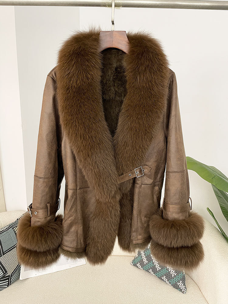 Aliexpress Popular Short Winter Warm Fashion Real Fox Fur Collar Rabbit Fur Lining Fur Integrated Jacket