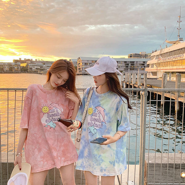 2025 Summer New Cartoon Short-Sleeve T-Shirt for Women, Loose Korean Style Student Tie-Dye Top, Women's Clothing, Foreign Trade, Ins Trend