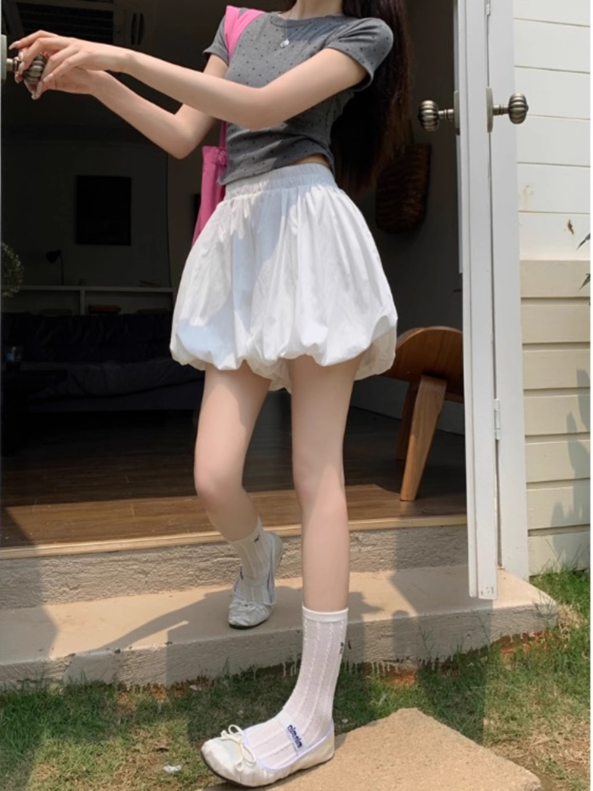 Niche Design Sense Puffy Flower Bud Skirt Pants Women's Autumn High Waist Loose Casual Pants Slimming White A- line Short Skirt