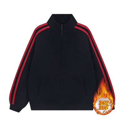 Picture of Korean version of the contrast color stand collar zipper sweater custom LOGO print three bar cardigan jacket overalls fleece-lined jacket