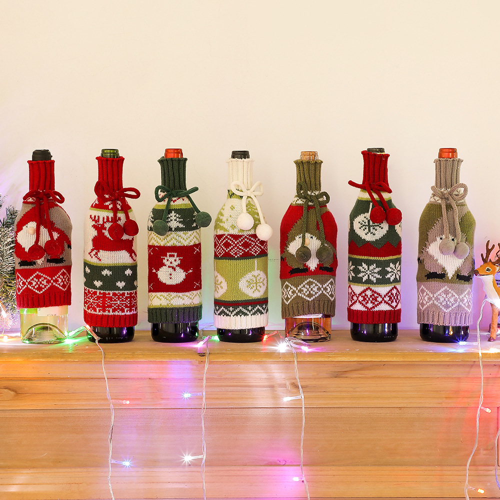 Cross-Border Christmas Decorations Fur Ball Red Wine Bottle Set Creative Knitted Champagne Bottle Bag Restaurant Home Atmosphere Decoration