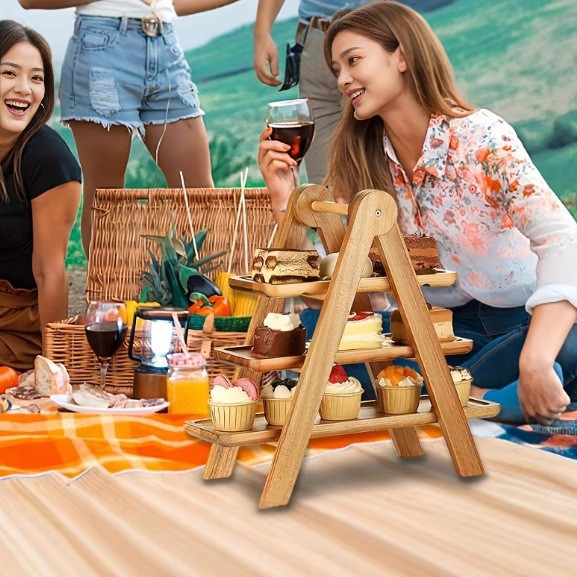Picture of Acacia Mouton wood three-layer vegetable rack, wooden pallet storage rack, hot pot restaurant, dish organizing kitchen, hotel