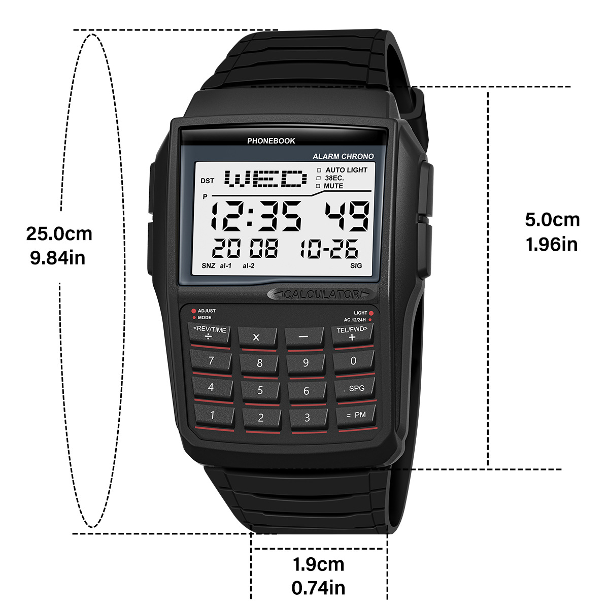 Picture of Trendy Multifunctional Retro Watch Calculator Phone Number Book Waterproof Luminous Electronic Watch Men's Watch Men
