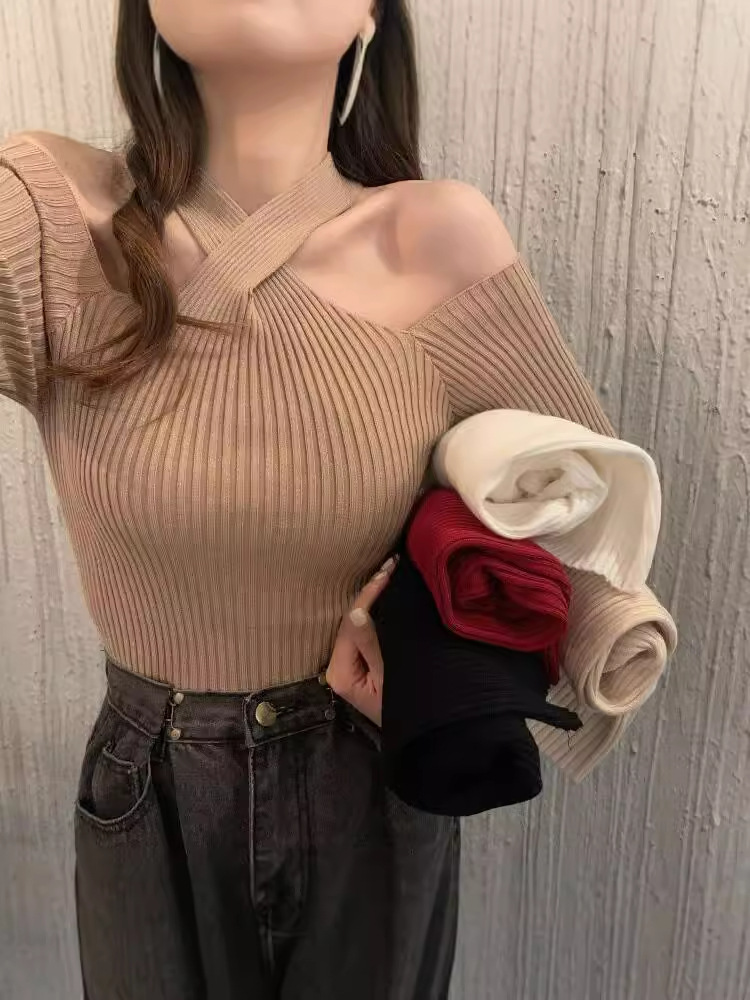 Design-Sense One-Character Collar Cross-Hanging Neck Knitted Base Shirt Women's Autumn New Slimming Sexy Spice Girl Top
