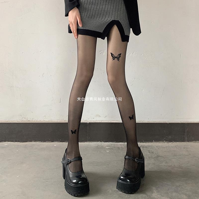 2023 New Black Bow Silk Stockings Women Sexy Black Silk Pure Pantyhose Cute Printed Jk Lolita
