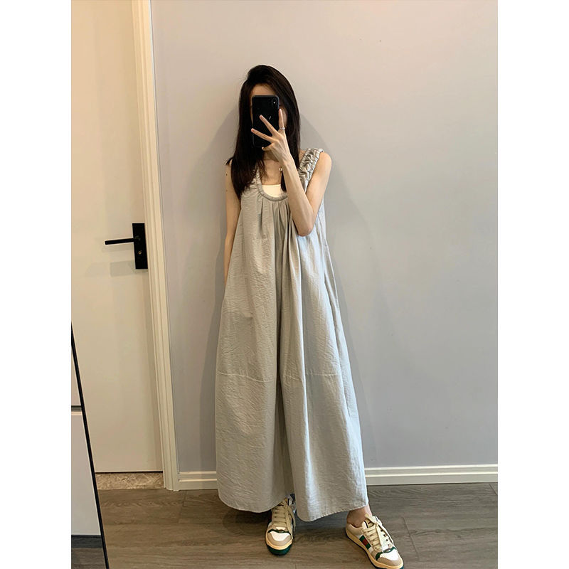 Korean Style Summer Pleated Sleeveless Long Seaside Resort Style U-Neck Vest Dress for Women Loose Slimming Look Dress Long Skirt