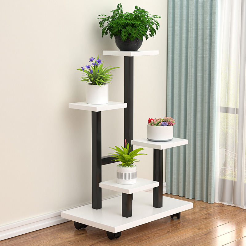 Iron Flower Rack with Wheels Movable New Home Living Room Balcony Floor Flower Pot Rack Multi-layer Flower Rack