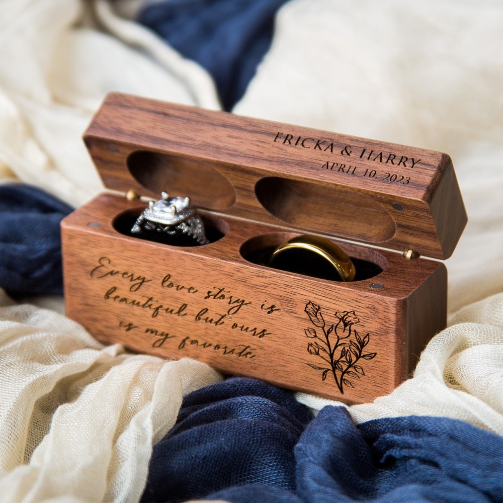 Picture of Black Walnut Ring Ring Box Double Slot Wedding Proposal Ring Box Jewelry Flip Cover Engraving Laser Engraving Pattern