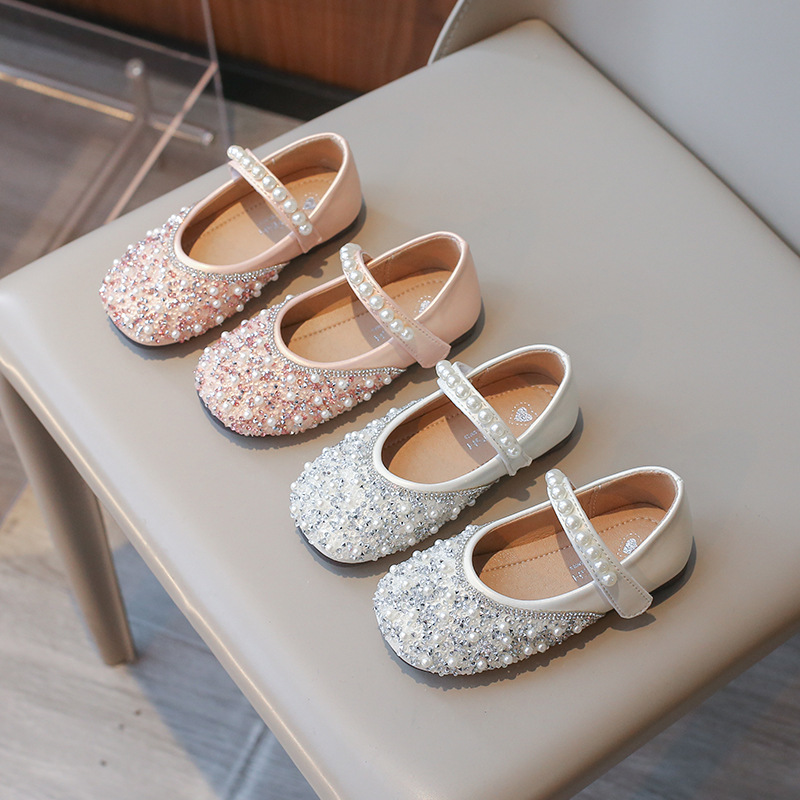 Girls' Leather Shoes Little Girl Baby Soft Sole Korean Style Diamond Pearl Princess Shoes 2025 New Spring & Fall Kidsren's Shoes