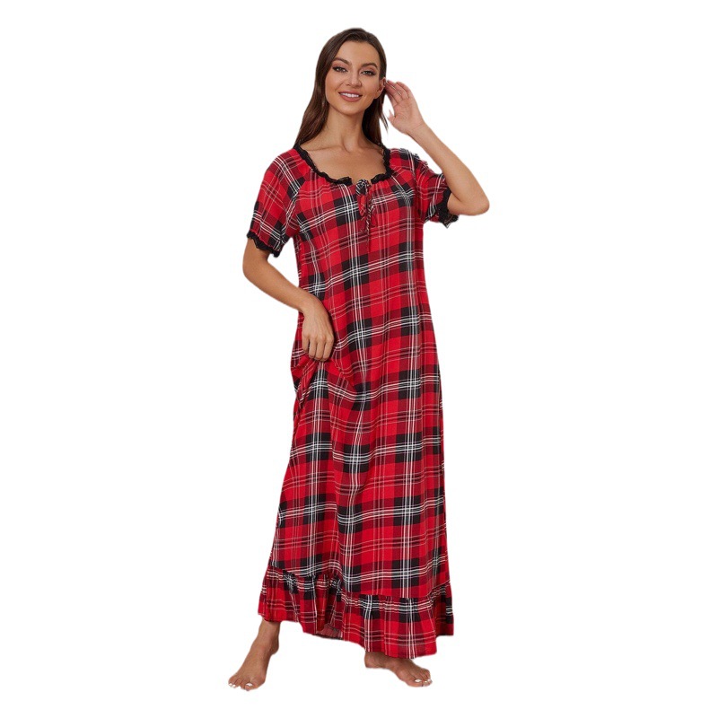 Amazon Foreign Trade European and American Nightgown Women's Summer Short-Sleeved Red Plaid Long Home Women's Pajamas Cross-Border Aliexpress