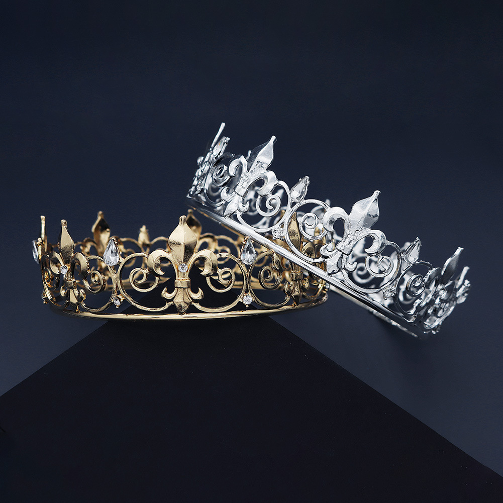 Picture of European and American classic jewelry vintage king crown round gold rhinestone alloy crown men's and women's party ball headdress