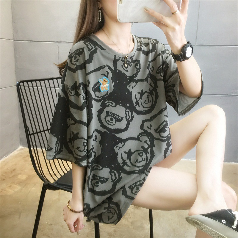 Summer New Korean-style Loose Full Print Bear Print Short-sleeved T-shirt for Female Students All-match Trendy Harajuku Style Top