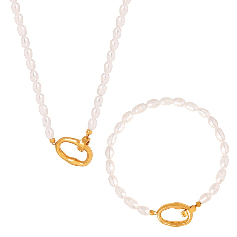 Ins Elegant Fashion Personality Natural Pearl Mother's Collarbone Necklace Bracelet Jewelry Titanium Steel Fashion Jewelry for Women