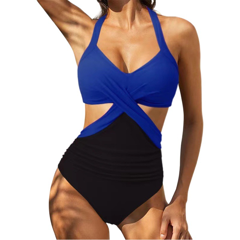 New one-piece swimsuit European and American Foreign trade multi-color printing stitching one-piece cross swimsuit hollow sexy backless swimsuit
