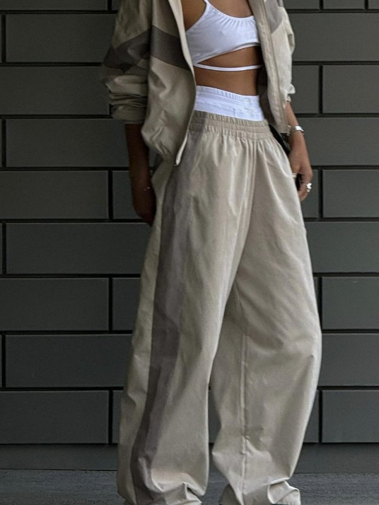 Cross-Border American Style Women's New Elastic Mid-Waist Trousers Plus Contrasting Color Casual Tops Fashionable Women's Summer Suits